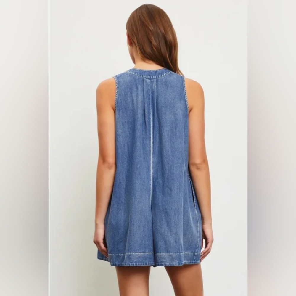 Distressed Wash Denim Romper with Tie Front - Picture 6 of 6